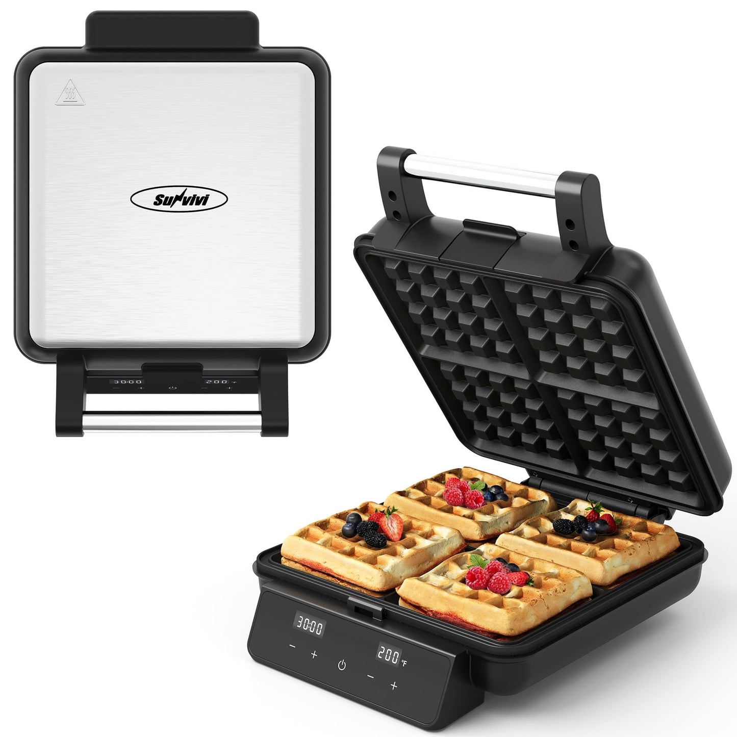 Sunvivi Stainless Steel Waffle Maker 4 Slices with Quick Heat-Up - Electric Waffle Makers