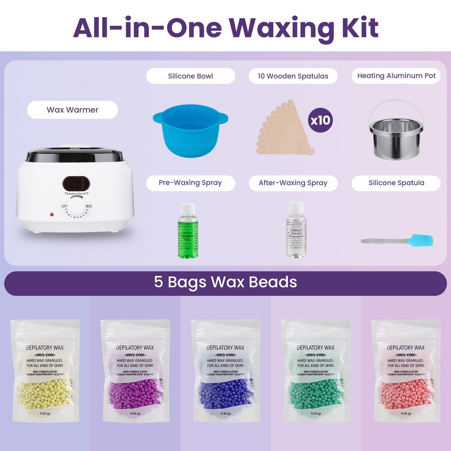 Sunvivi Waxing Kit Digital Wax Warmer for Hair Removal with 5 Packs Hard Wax Beads Wax Melt Warmer Kit