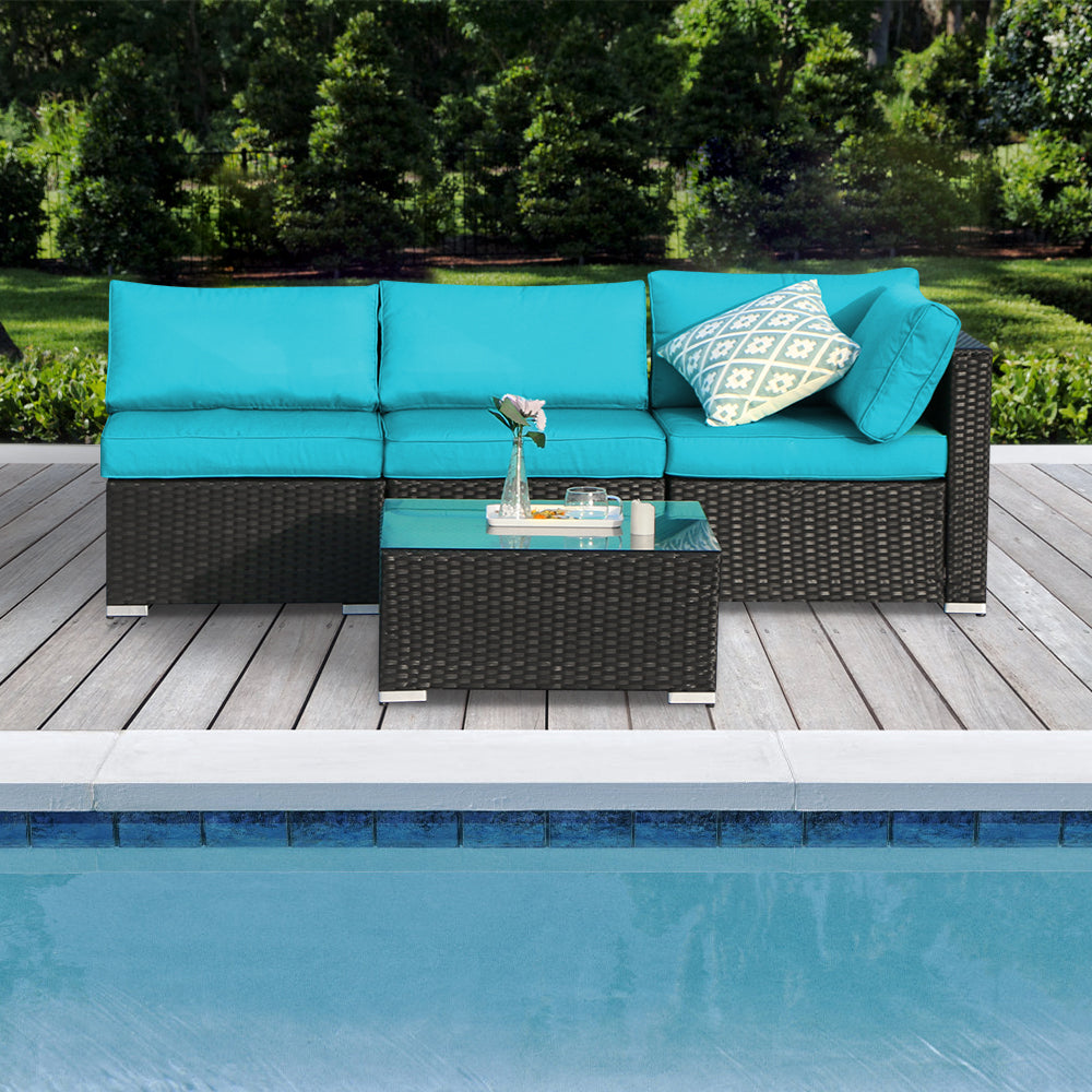 4 Pieces Outdoor Sectional Set with Coffee Table, Turquoise Cushions - Sunvivi