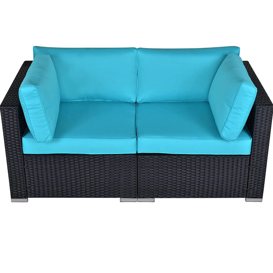 DIY Outdoor Loveseat Patio Furniture Corner Sofa, 2 Piece Wicker Rattan Outdoor Sectional Sofa Set with Removable Turquoise Cushions,Extra Chair for SUNVIVI OUTDOOR Furniture