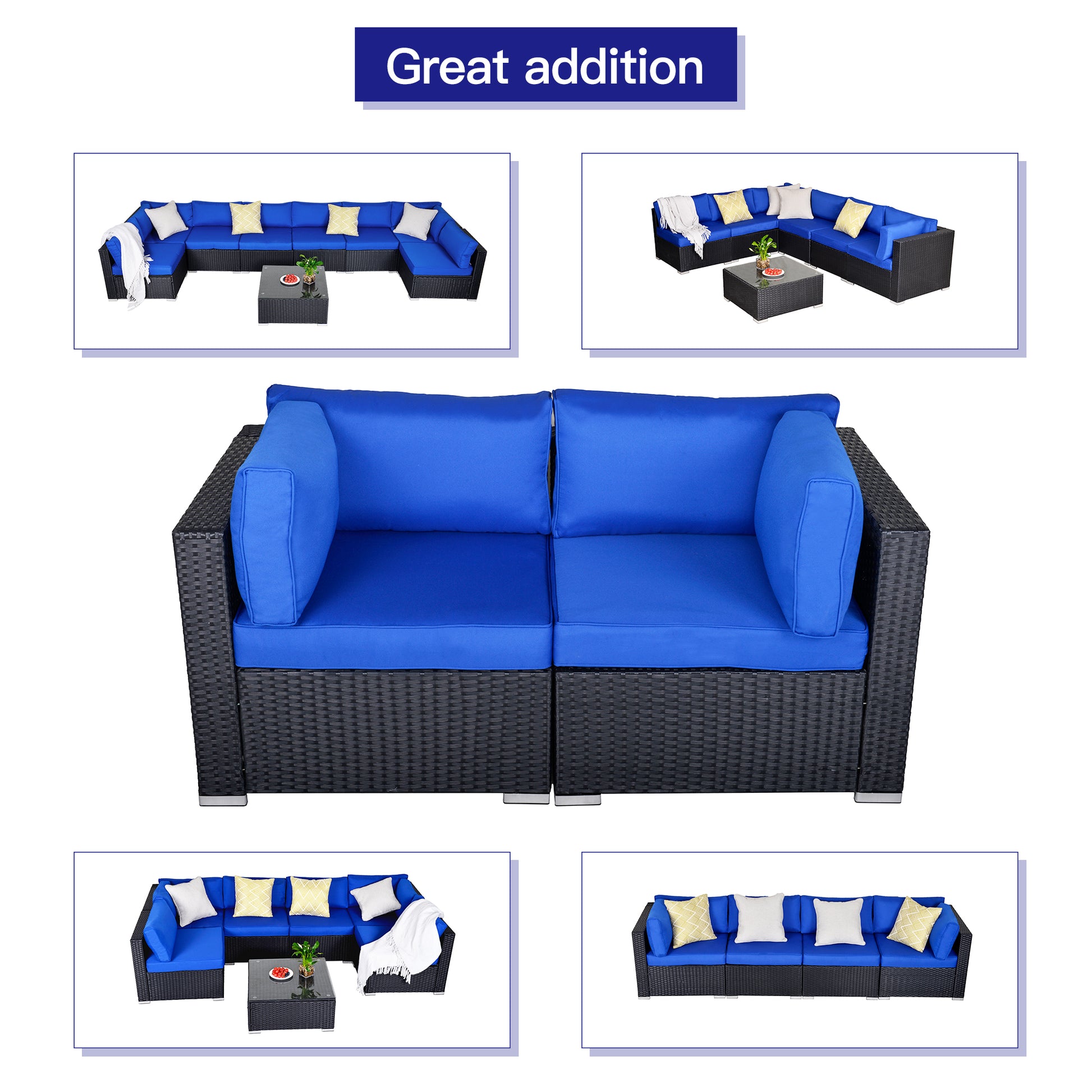 Loveseat Sectional Sofa Set , Black Wicker Navy Blue Cushions - Sunvivi