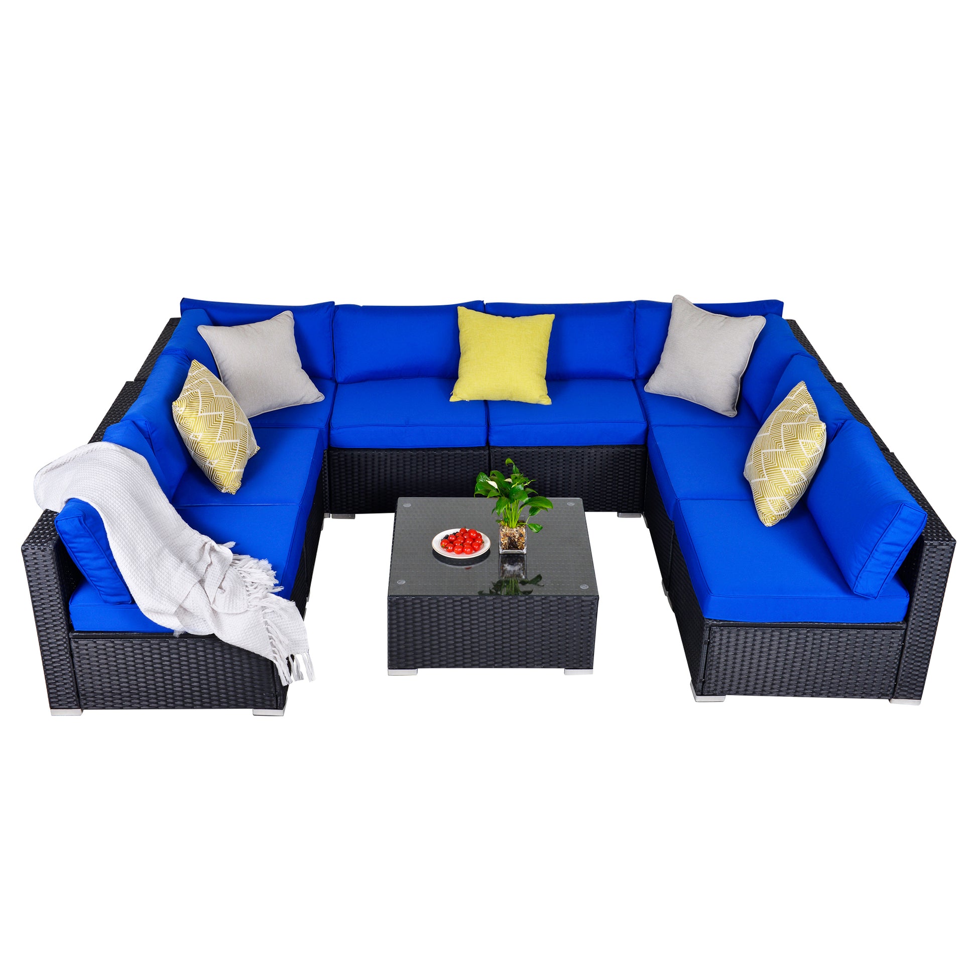9 Piece Conversation Sofa Set, with Coffee Table, Navy Blue Cushions - Sunvivi