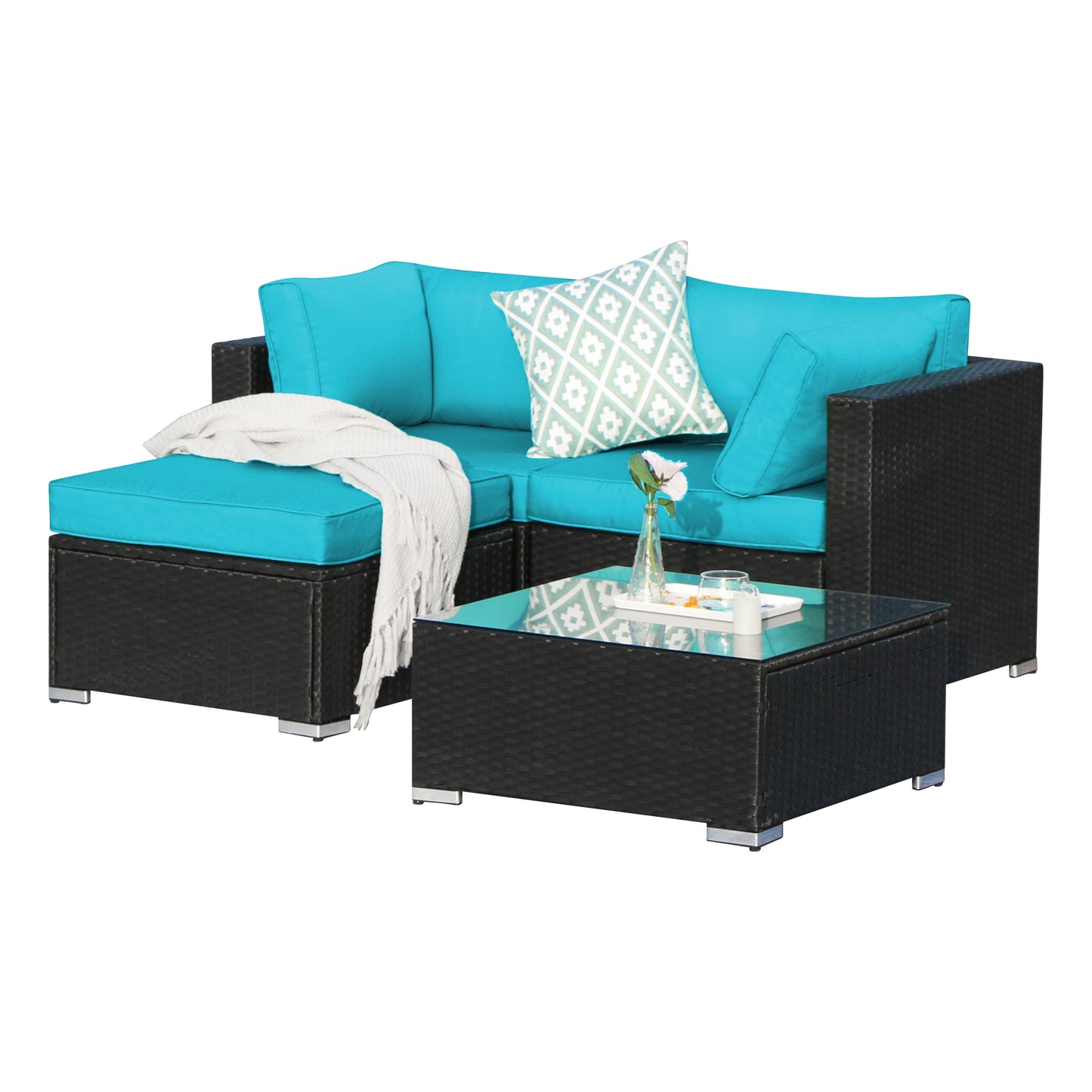 4 Piece Loveseat Set All Weather Ottoman and a Coffee Table, Turquoise Cushions - Sunvivi