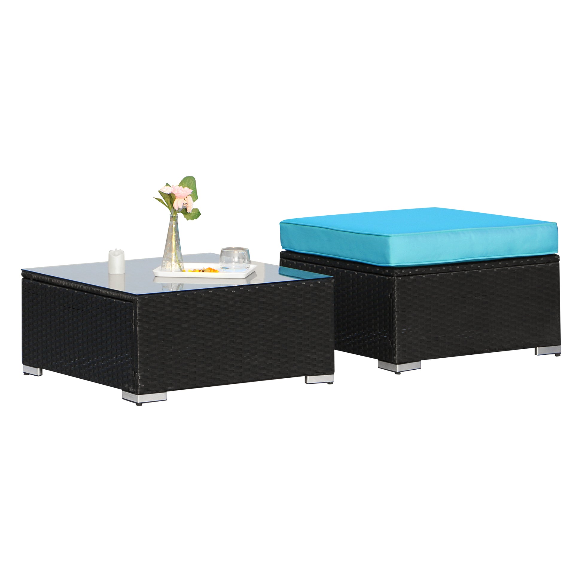 2 Pieces Sectional Ottoman with Coffee Table, Turquoise Cushions - Sunvivi