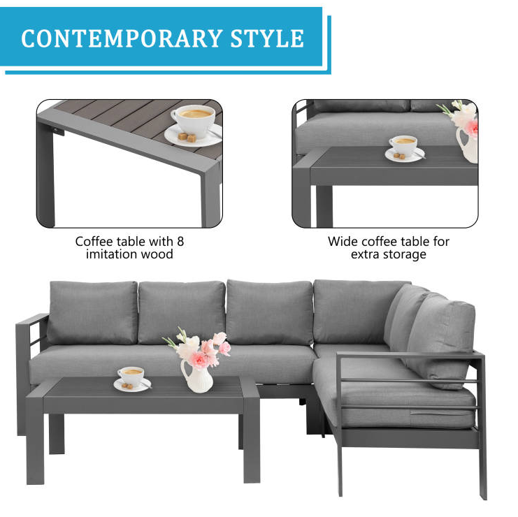 7 Seat Aluminum Patio Set with Coffee Table, Dark Gray Cushions - Sunvivi