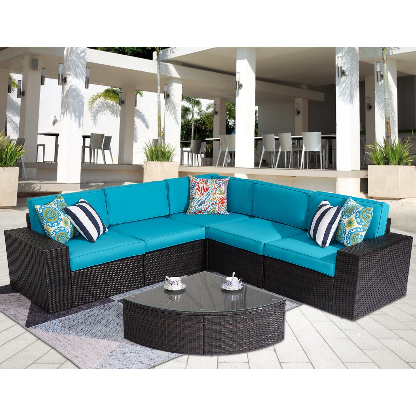 Outdoor Patio Furniture Sets, 6-Piece Patio Sectional Furniture Set, All-Weather Rattan Wicker Patio Sofa Chair, Blue