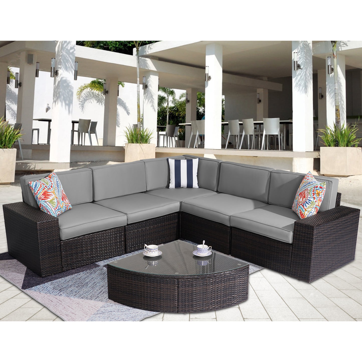 Outdoor Patio Furniture Sets, 6-Piece Furniture Patio Sectional Sofa Couch Patio Conversation Set, All-Weather Rattan Wicker Patio Sofa for Pool, Deck and Backyard, Grey