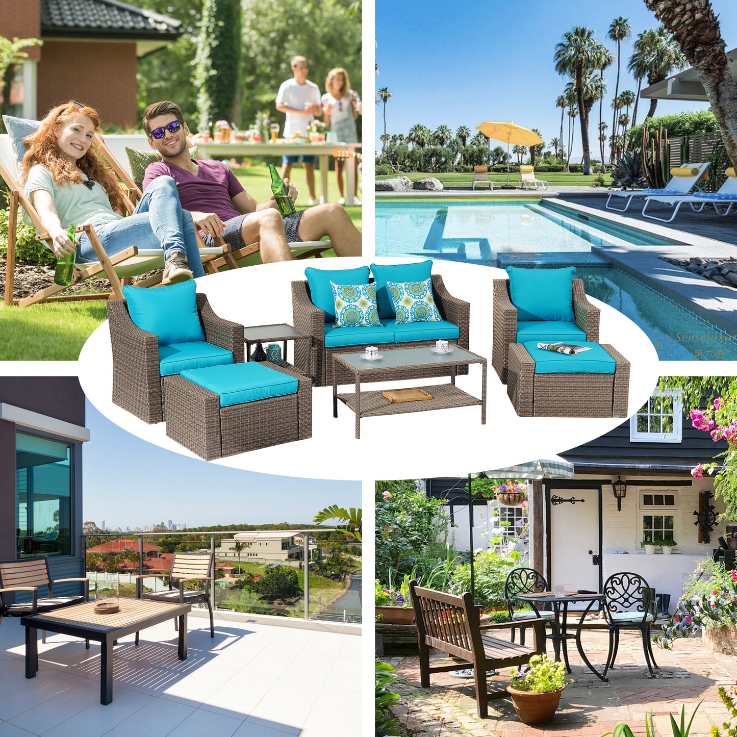 Outdoor Patio Sectional Furniture Set, 7 Piece PE Wicker Patio Conversation Sets Couch with Washable Cushions & Glass Table, Outdoor Rattan Sofa for Garden, Lawn, Backyard (Blue)