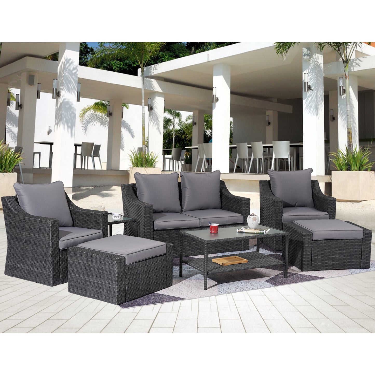 Outdoor Patio Sectional Furniture Set, 7 Piece PE Wicker Patio Conversation Sets Couch with Washable Cushions & Glass Table, Outdoor Rattan Sofa for Garden, Lawn, Backyard (Gray)