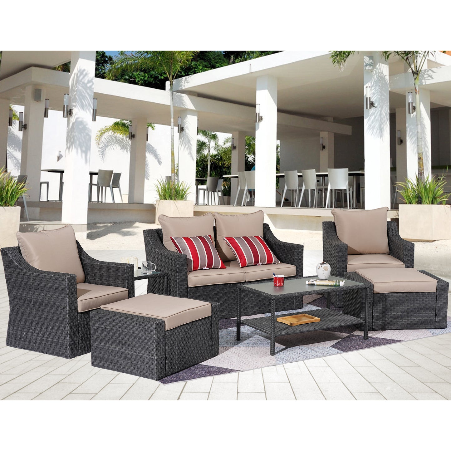 Outdoor Patio Sectional Furniture Set, 7 Piece PE Wicker Patio Conversation Sets Couch with Washable Cushions & Glass Table, Outdoor Rattan Sofa for Garden, Lawn, Backyard (Khaki)