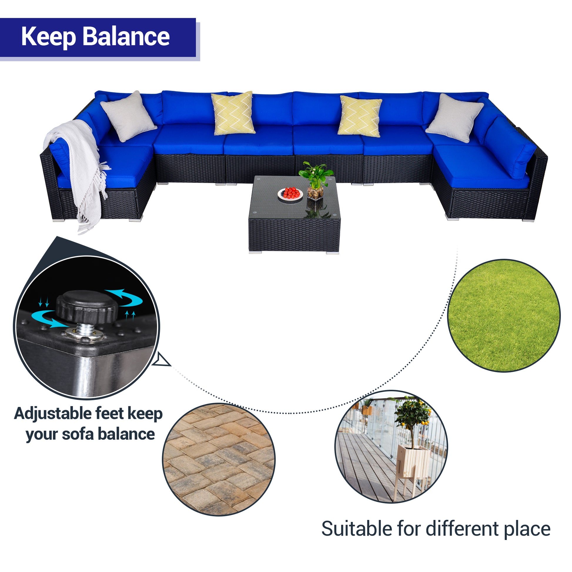 9 Piece Conversation Sofa Set, with Coffee Table, Navy Blue Cushions - Sunvivi