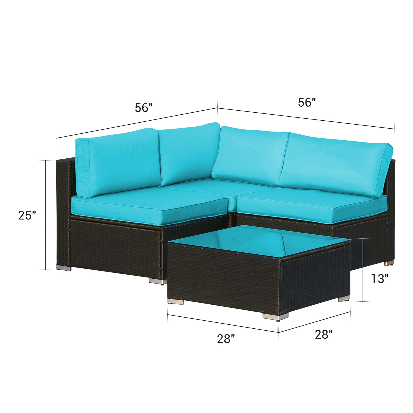4 Pieces Outdoor Sectional Set with Coffee Table, Turquoise Cushions - Sunvivi