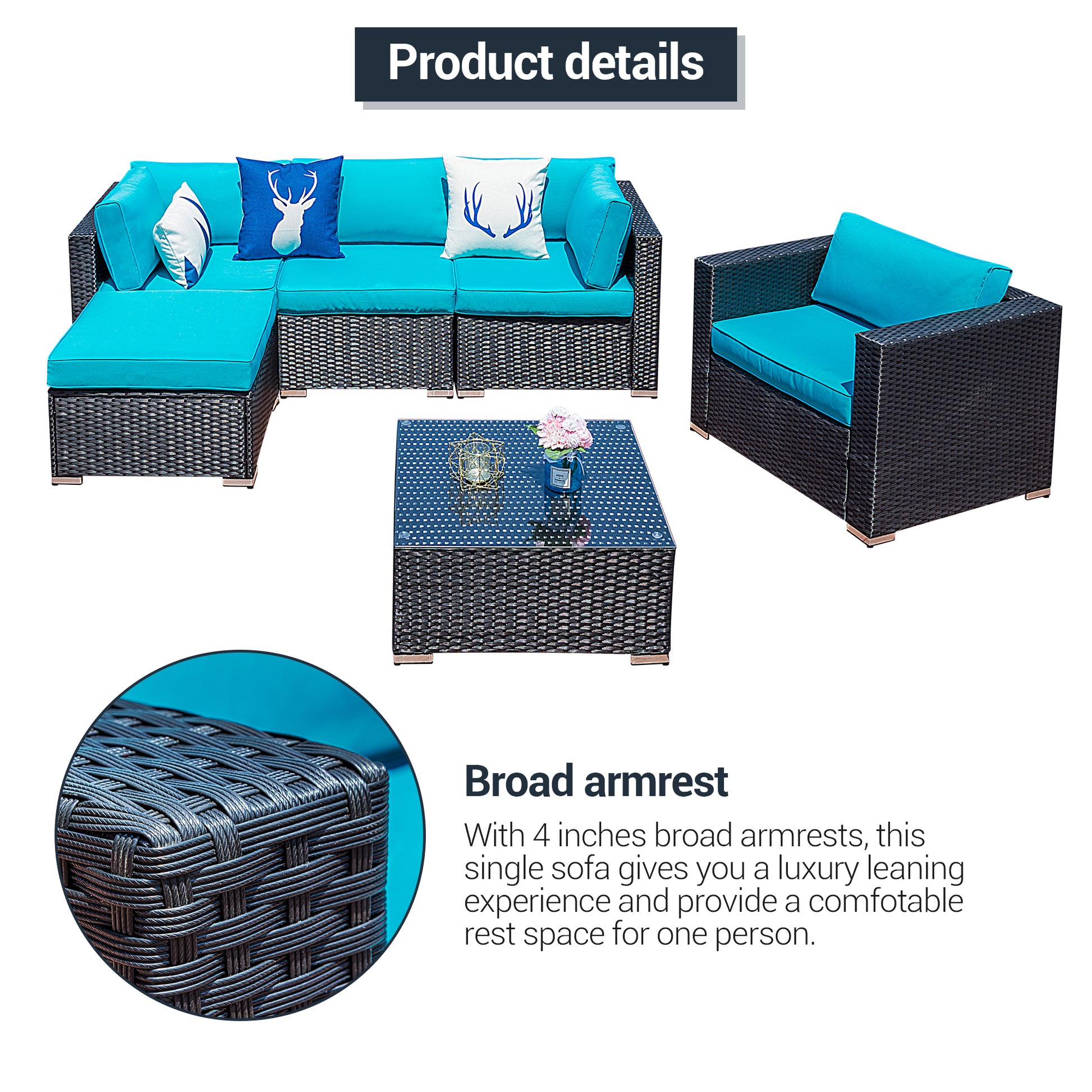 Sectional Sofa 6 Piece Rattan Wicker with Blue Cushion - Sunvivi