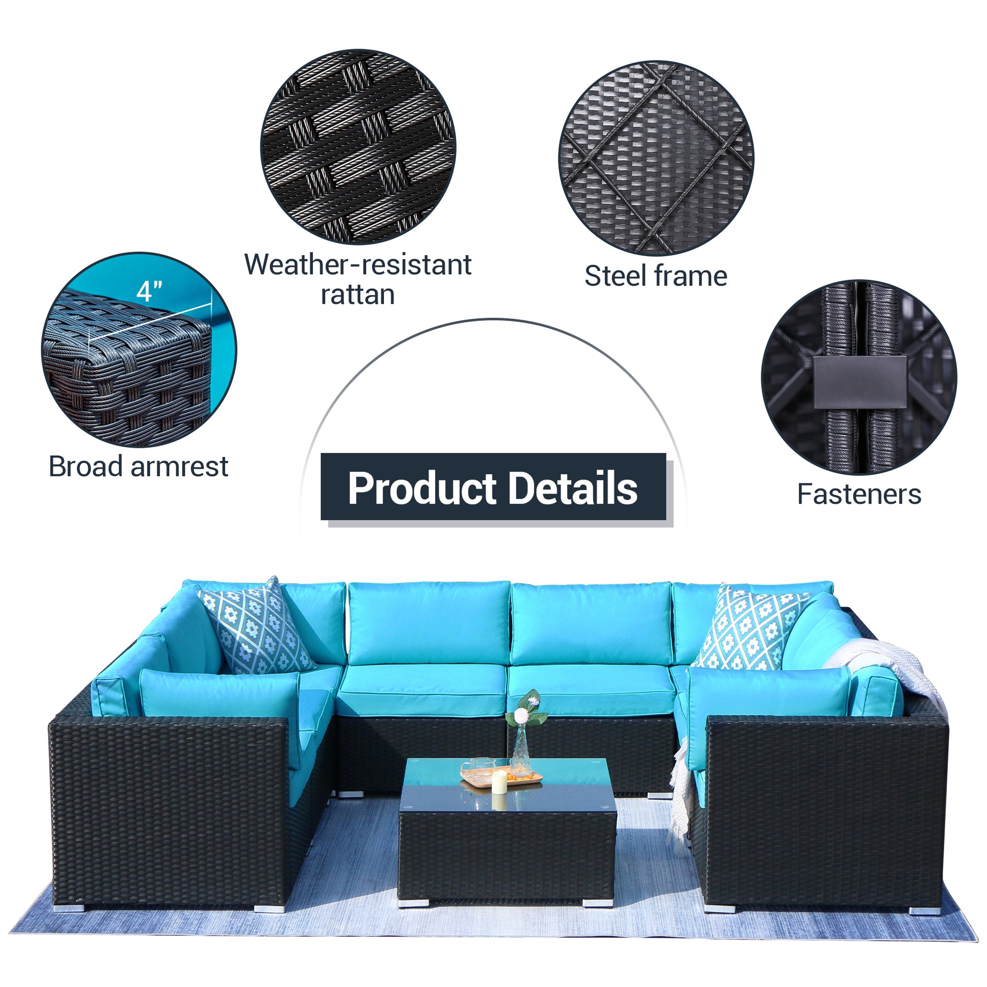9 Piece Outdoor Conversation Rattan Sofa, with Coffee Table, Turquoise Cushions - Sunvivi