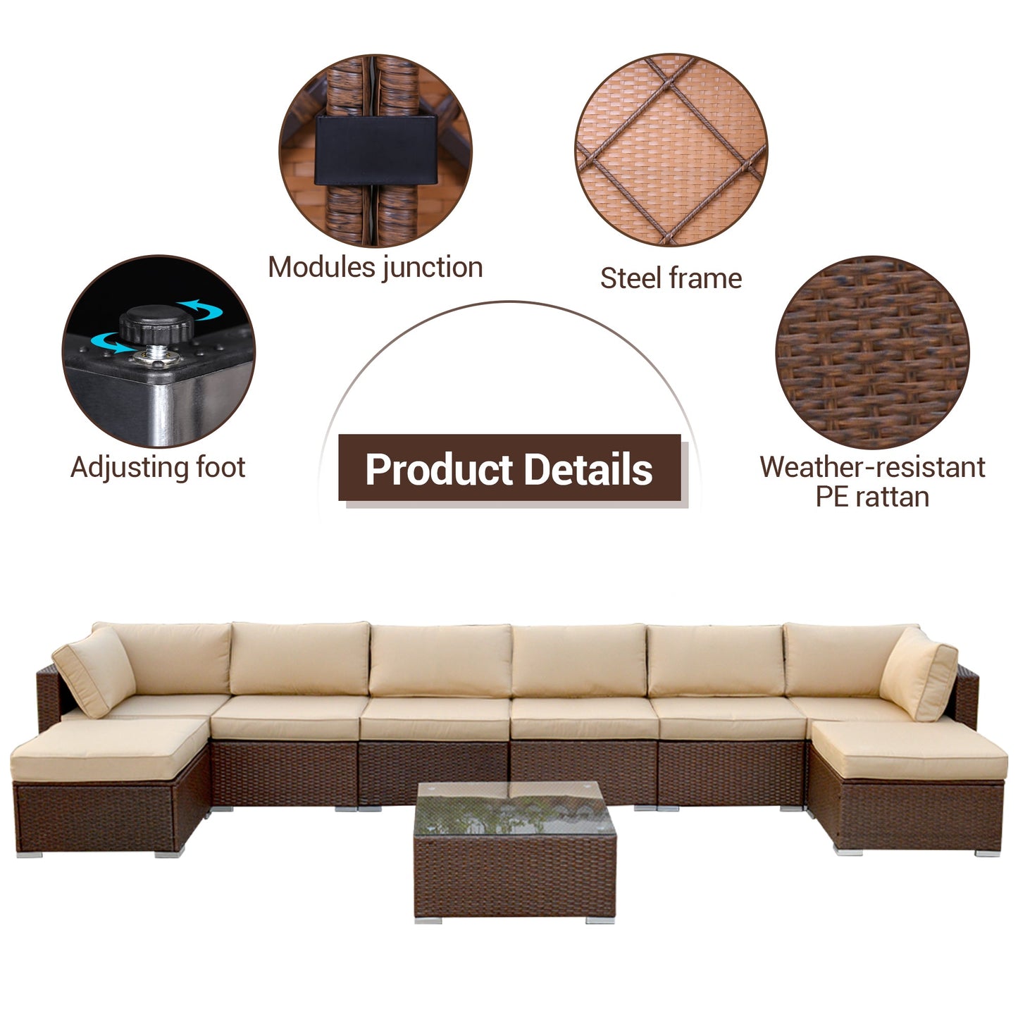 Patio Furniture Sets 9 Piece Outdoor Conversation Set, All Weather Brown PE Wicker Furniture Set with Glass Table, Ottoman Sofas, Removabl Cushions
