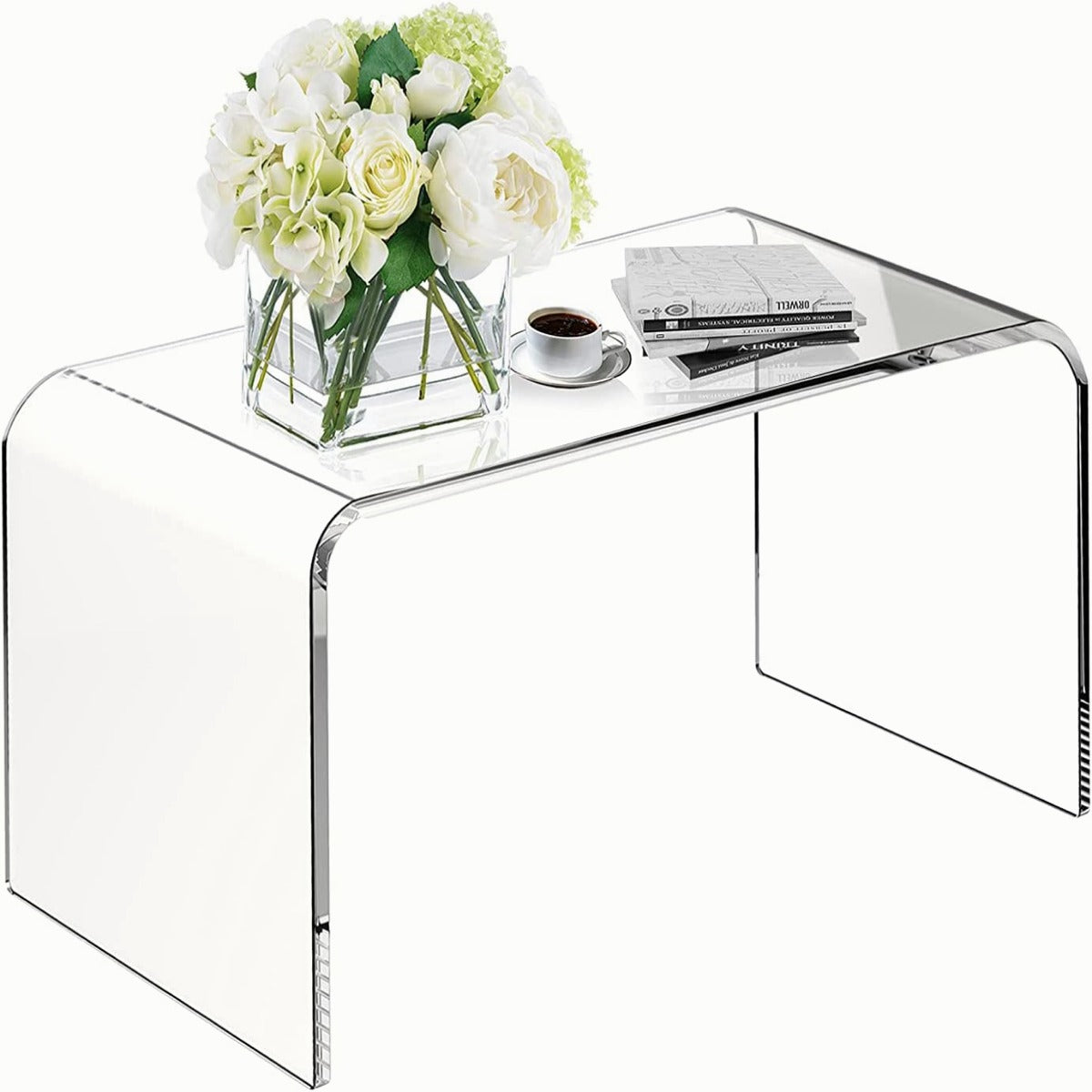 Maycasa Acrylic Coffee Table with PVC Cover Protector, 32" L x 16" W x 16'' H x 3/5'' Thick Modern Waterfall Coffee Table for Living Room, Clear Rectangle Lucite Table with Round Edges