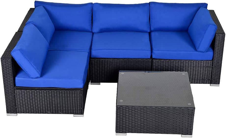 5 Piece Patio Furniture Sets, All-Weather Wicker Rattan Outdoor Sectional Couch Sofa with Tea Table & Washable Cushions