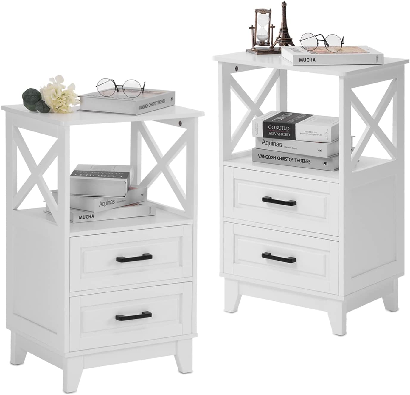 White Nightstand with 2 Drawers, Wood Bedside Tall End Table