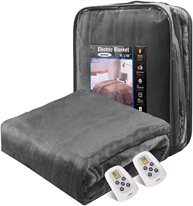 King and Queen Size Electric Blanket Heated Dual Control, 5 Years Warranty, 10 Heat Settings, 12 Hours Auto Off, Machine Washable, ETL Certified, Overheating Protection