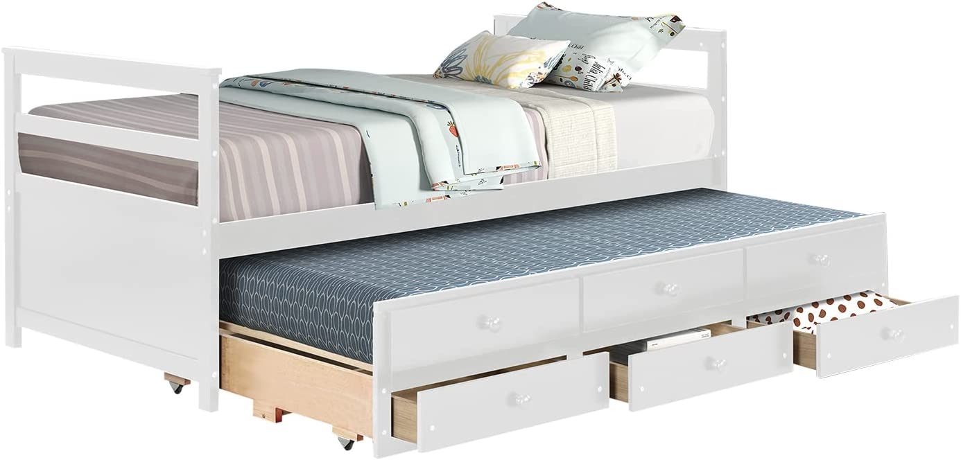 Twin Bed with Trundle and 3 Storage Drawers, Captain Bed Frame with Headboard and Footboard