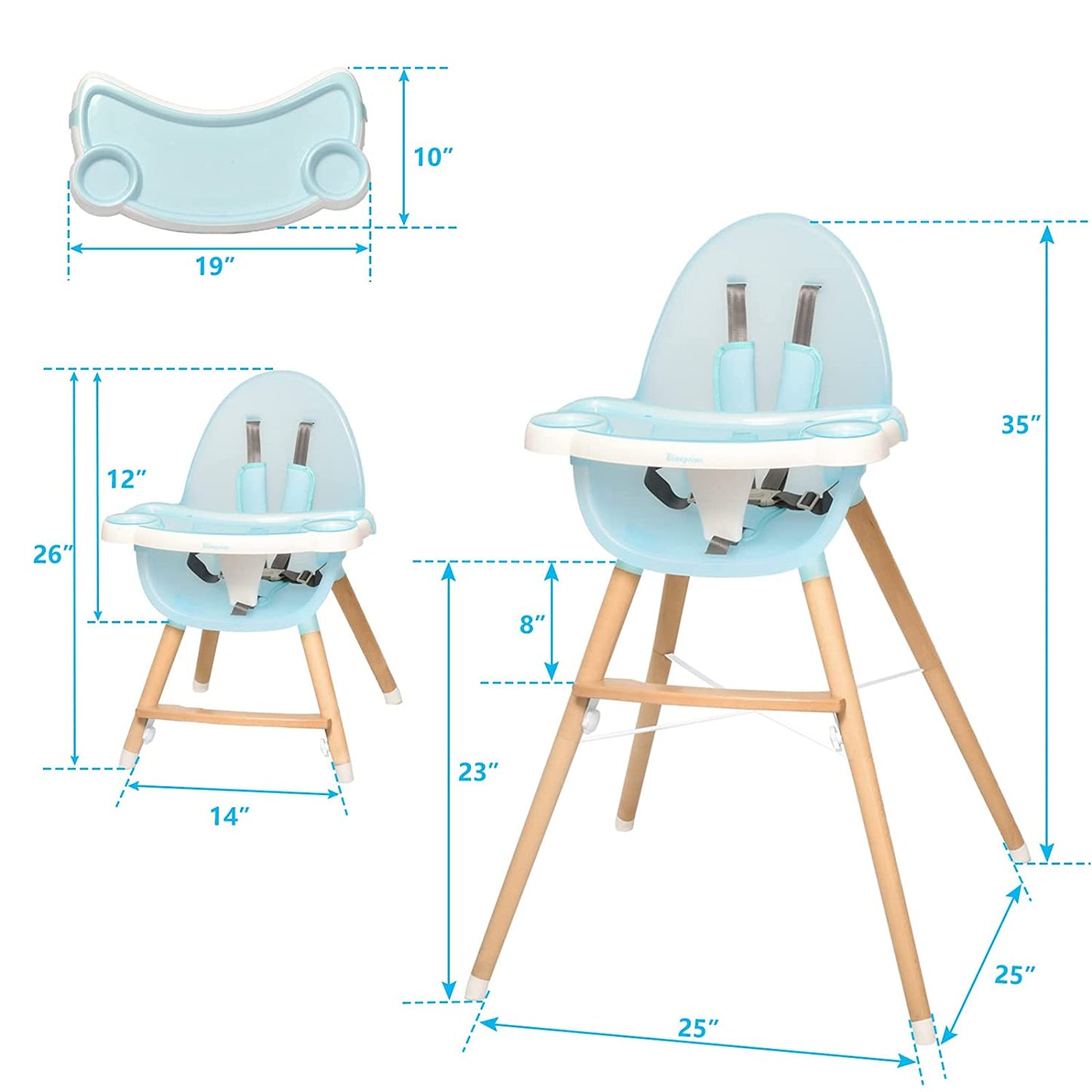 Baby Wooden Dining High Chair Removable Tray Adjustable Legs