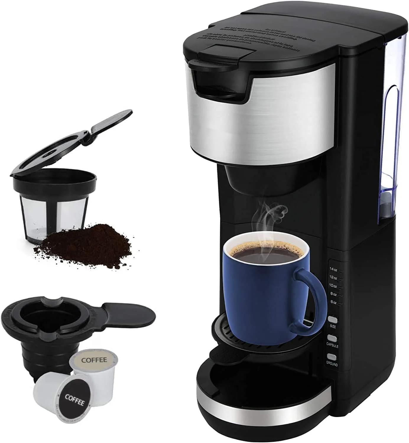 One-Touch Single Serve Coffee Maker for Capsule Pods Ground Coffee 30oz