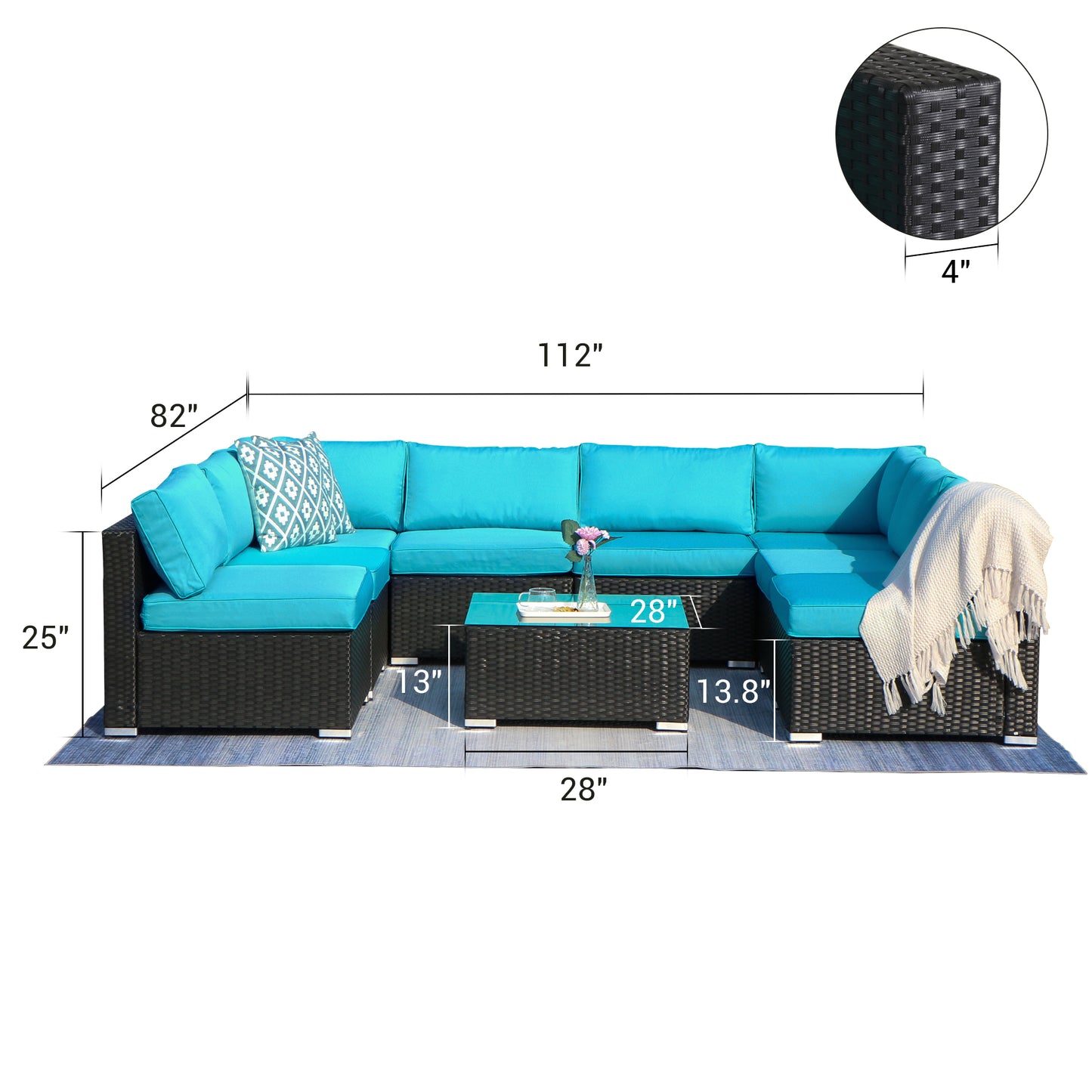 9 Piece Rattan Conversation Set with Coffee Table, Turquoise Cushions - Sunvivi