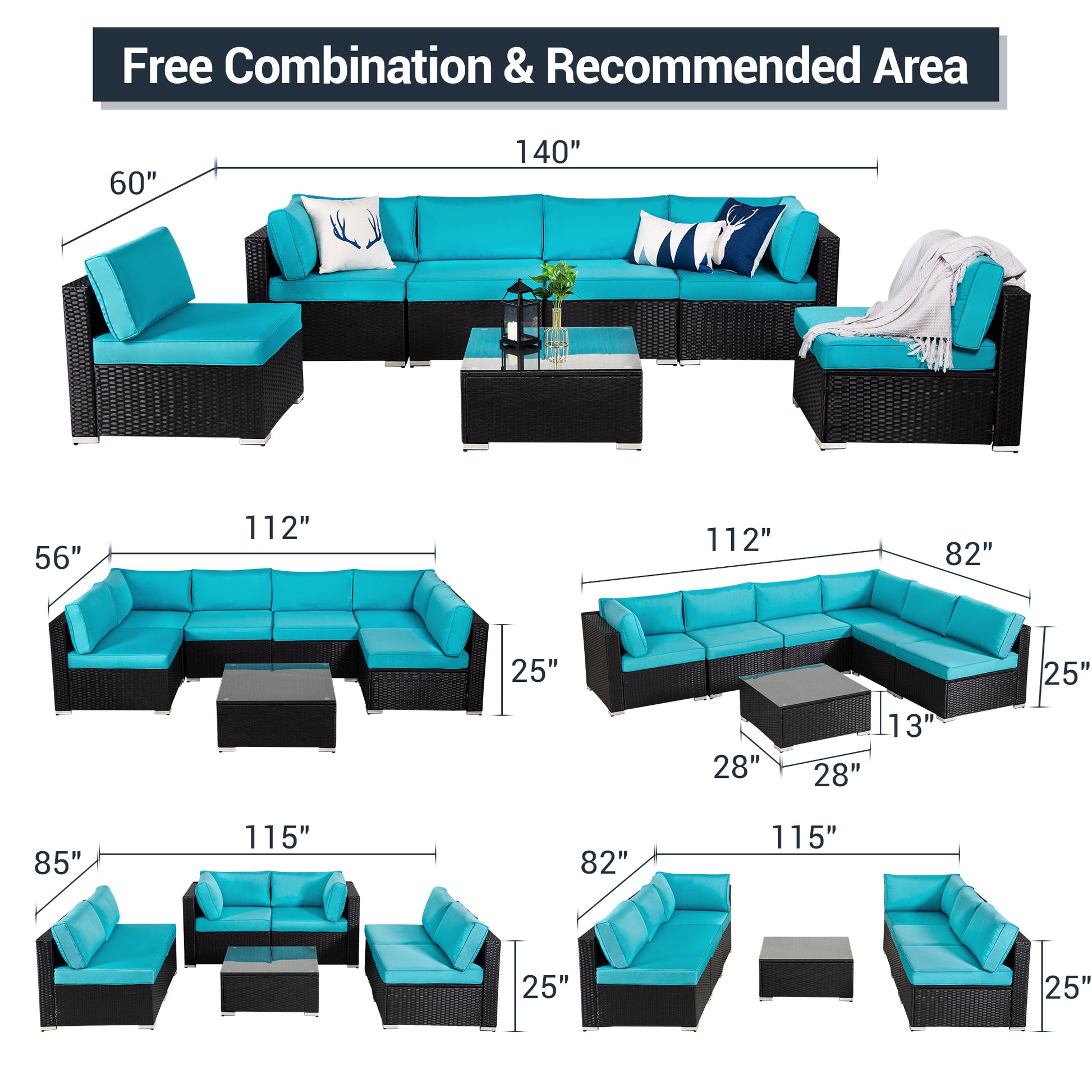 7 Piece Outdoor Rattan All Weather Sectional Sofa with Turquoise Cushions - Sunvivi