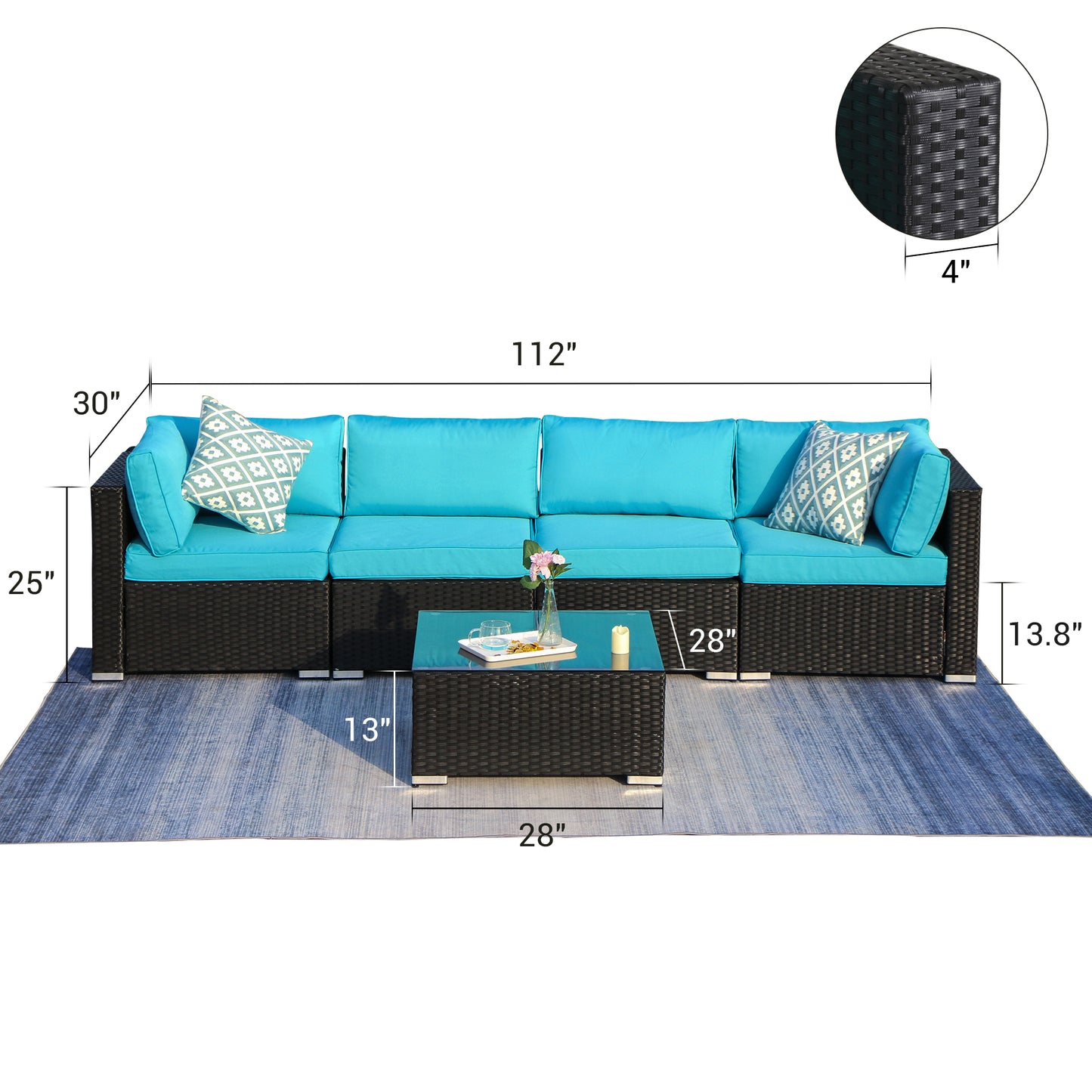 5 Pieces Furniture Sectional Wicker Sofa with Coffee Table - Sunvivi