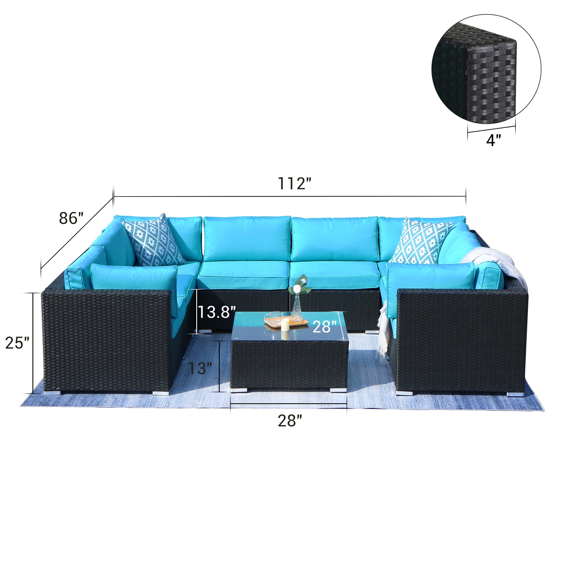 9 Piece Outdoor Conversation Rattan Sofa, with Coffee Table, Turquoise Cushions - Sunvivi