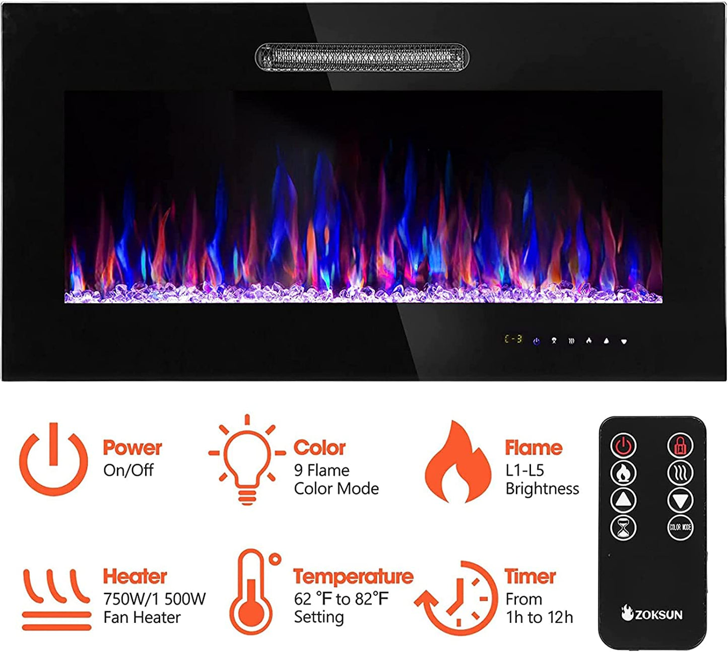 Electric Fireplace Logs Set Heater Realistic Ember Bed for Indoor Use 36Inch