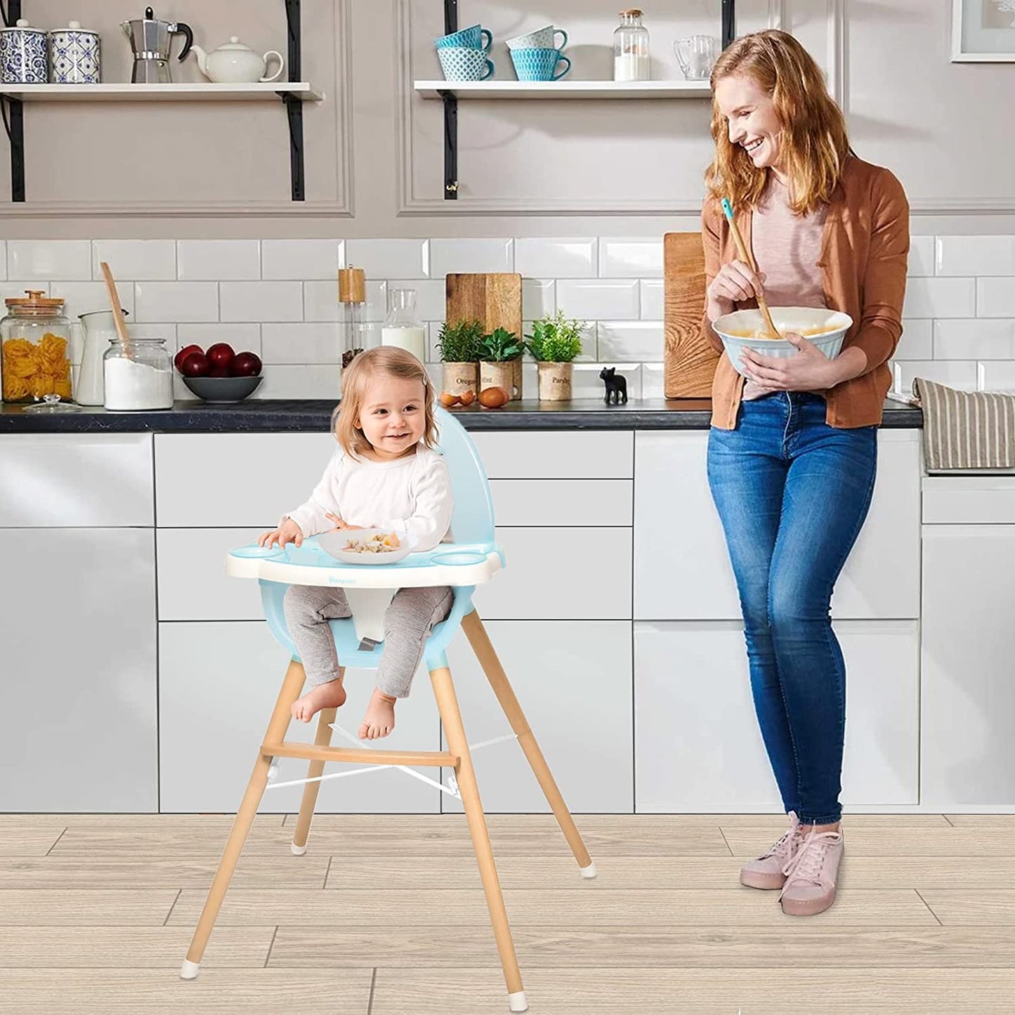 Baby Wooden Dining High Chair Removable Tray Adjustable Legs