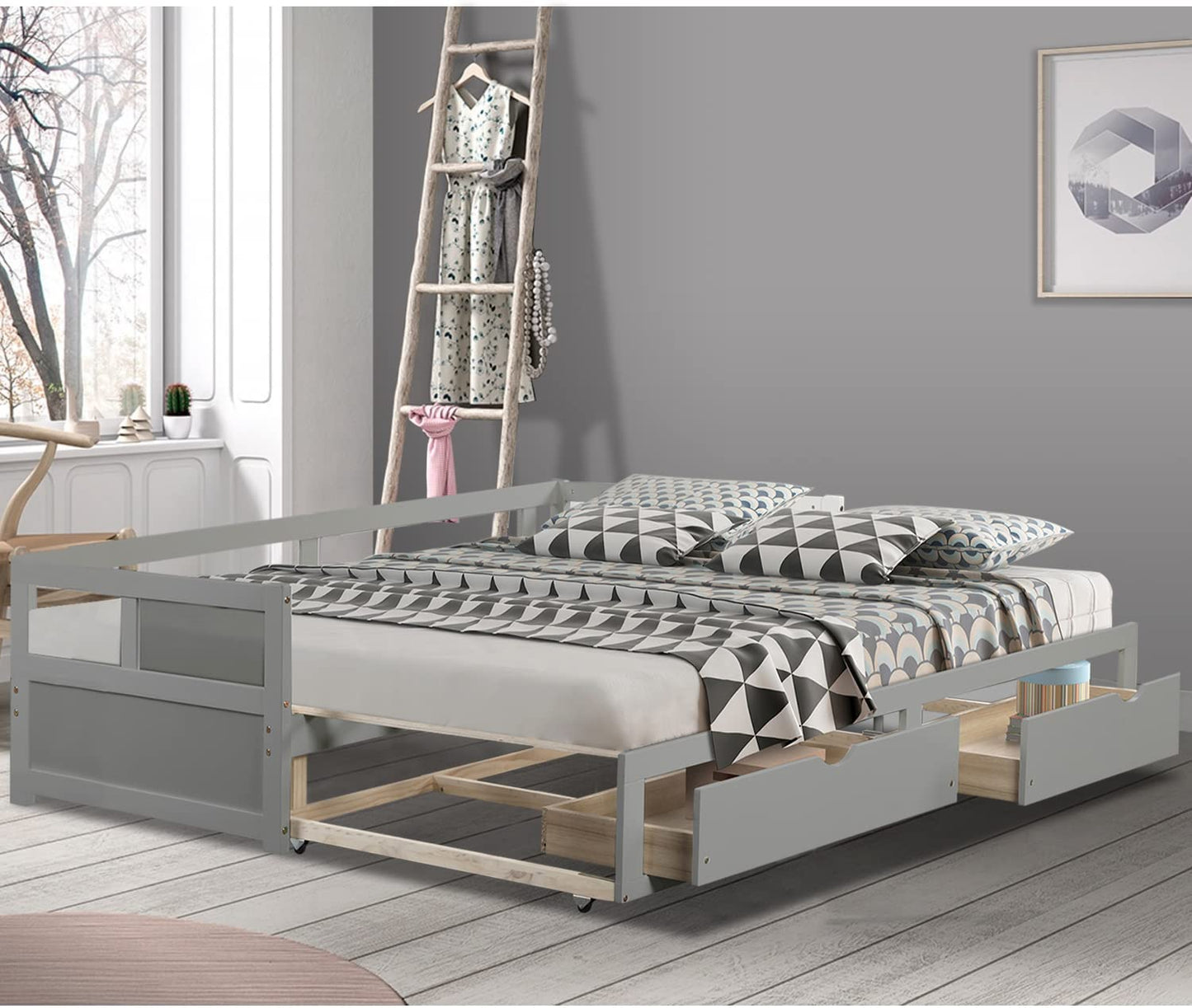 Extendable Daybed with Trundle and 2 Storage Drawers, Twin to King Daybed with Wood Roll Out Bed Frame
