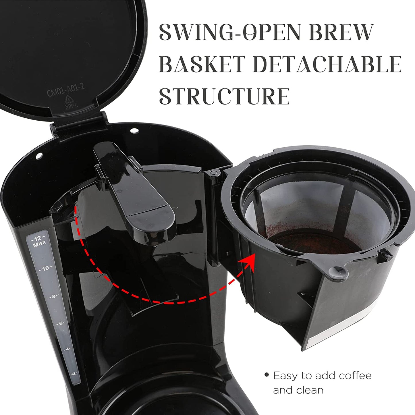 12 Cup Coffee Maker with Swing Out Basket, Programmable Coffee Maker Machine with Glass Carafe, Drip Coffee Pot with Permanent Filter, Keep Warm Function, Auto Pause & Serve, 900W, Black