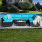 9 Piece Rattan Conversation Set with Coffee Table, Turquoise Cushions - Sunvivi