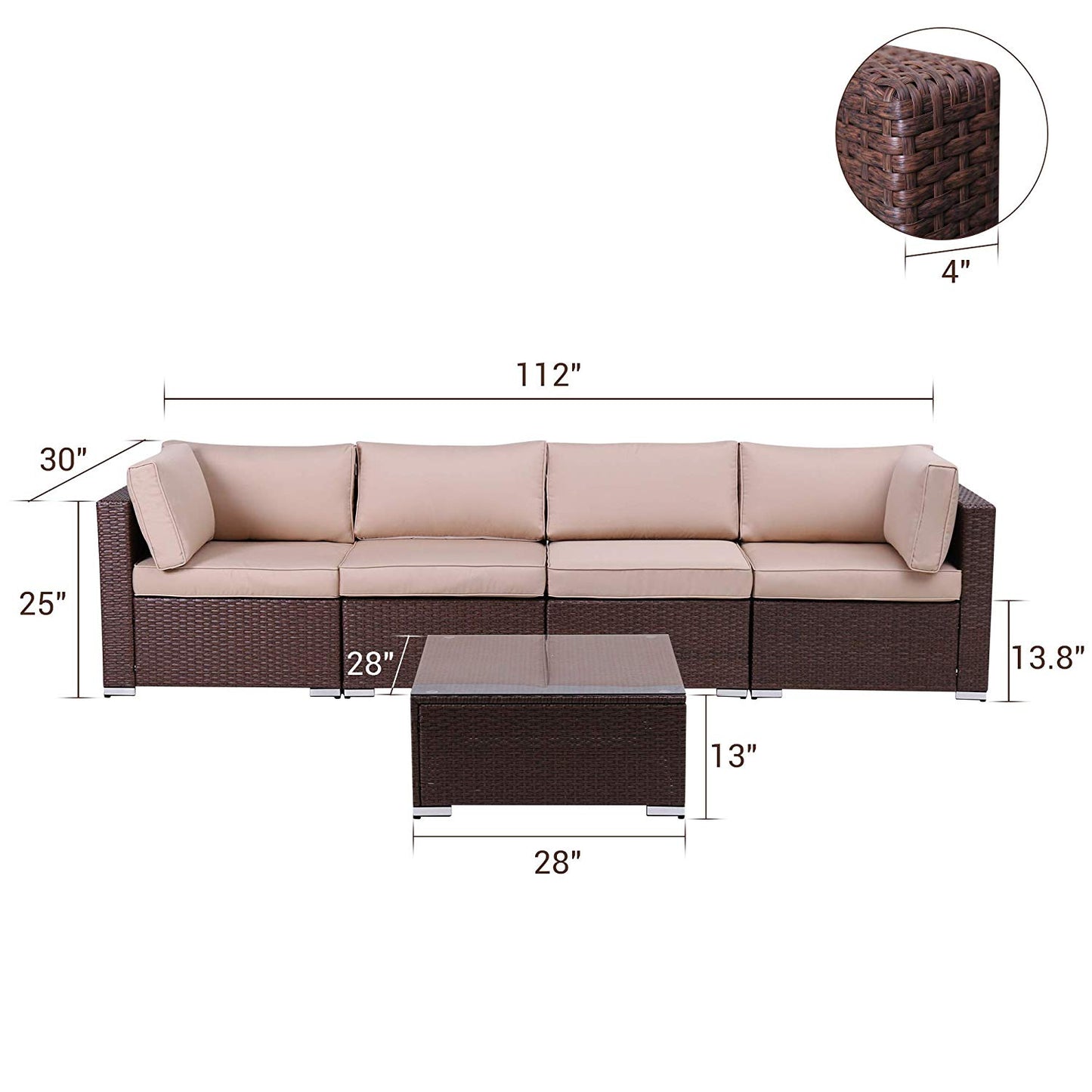 5 Pieces Furniture Sectional Wicker Sofa with Coffee Table - Sunvivi