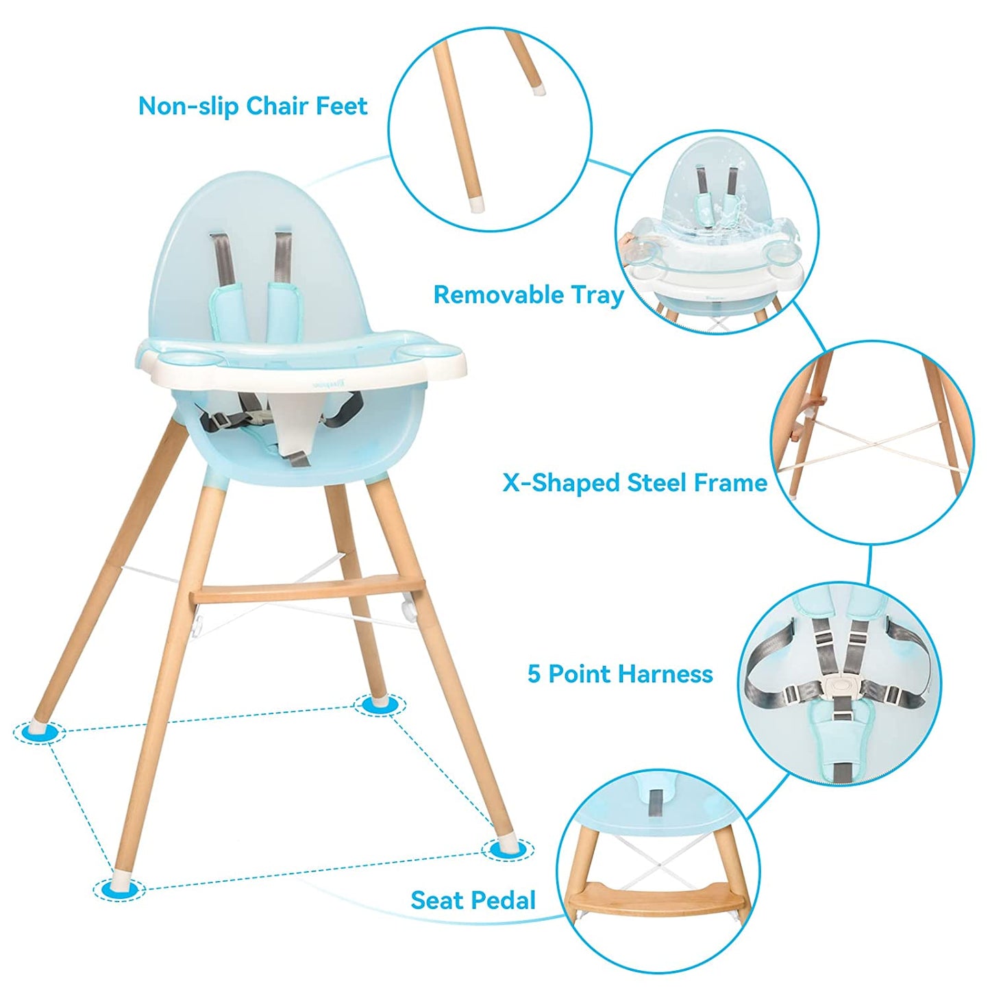 Baby Wooden Dining High Chair Removable Tray Adjustable Legs