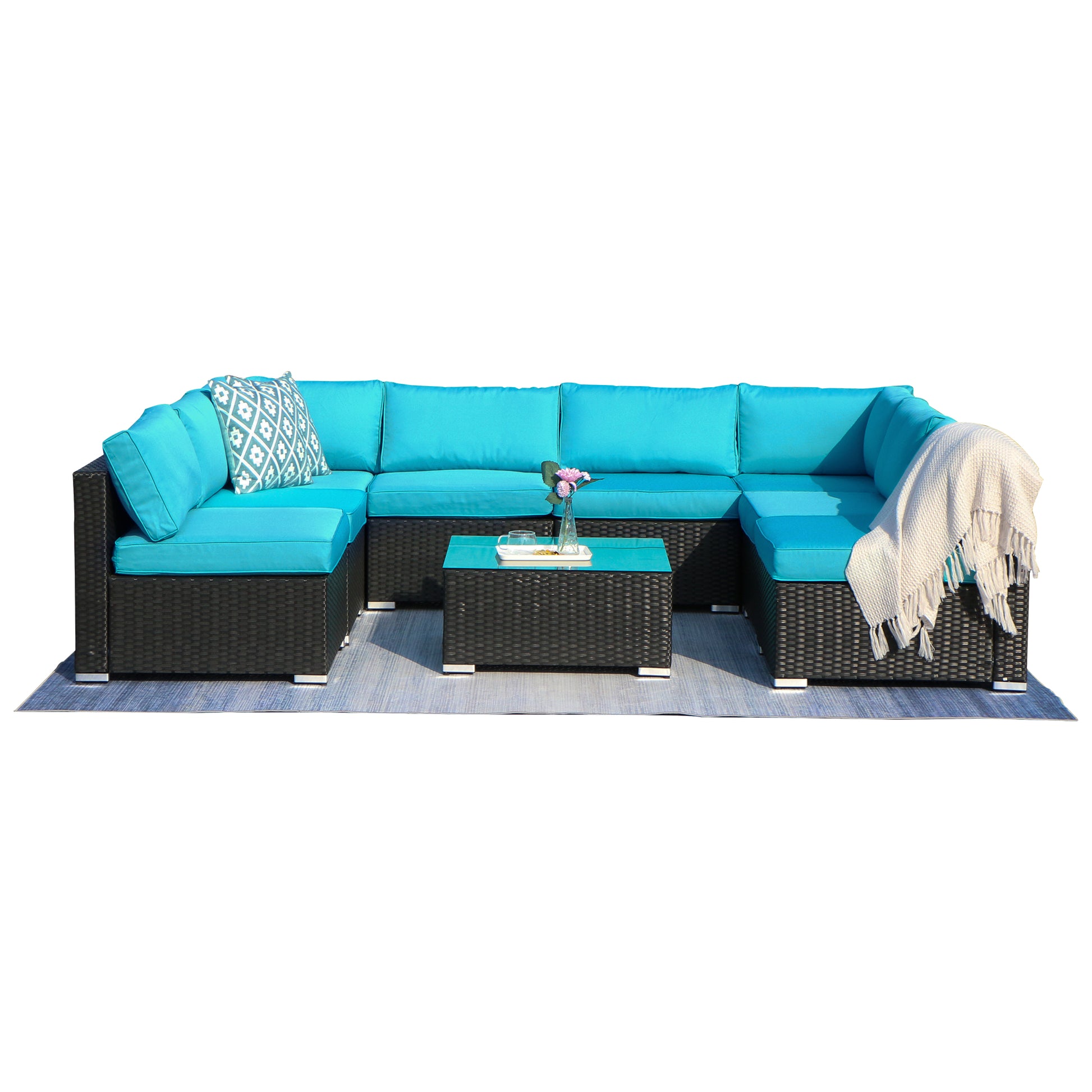 9 Piece Rattan Conversation Set with Coffee Table, Turquoise Cushions - Sunvivi