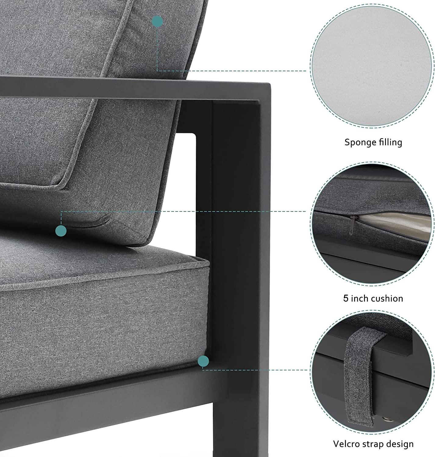 3-Seat Aluminum Patio Furniture Sofa, All-Weather Modern Metal