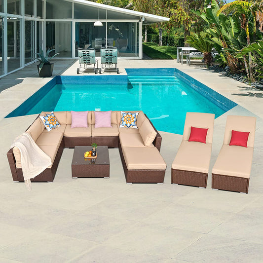 11 Piece Patio Furniture Set with Chaise Lounge Chairs, All-Weather Wicker Patio Conversation Set, Outdoor Sectional Sofa with Coffee Table