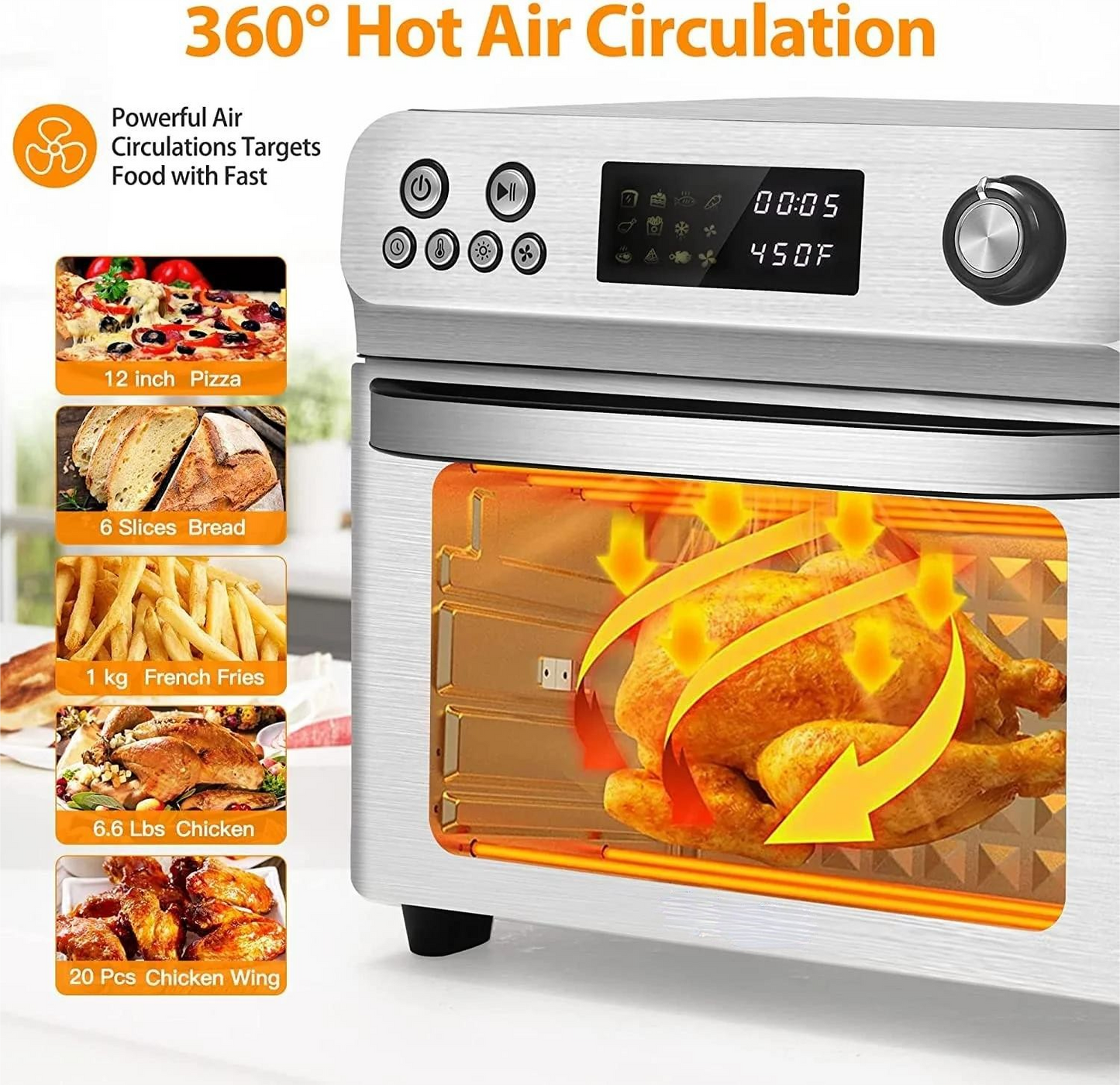 Air Fryer Convection Toaster Oven 26 QT LED Display Stainless Steel 1700W