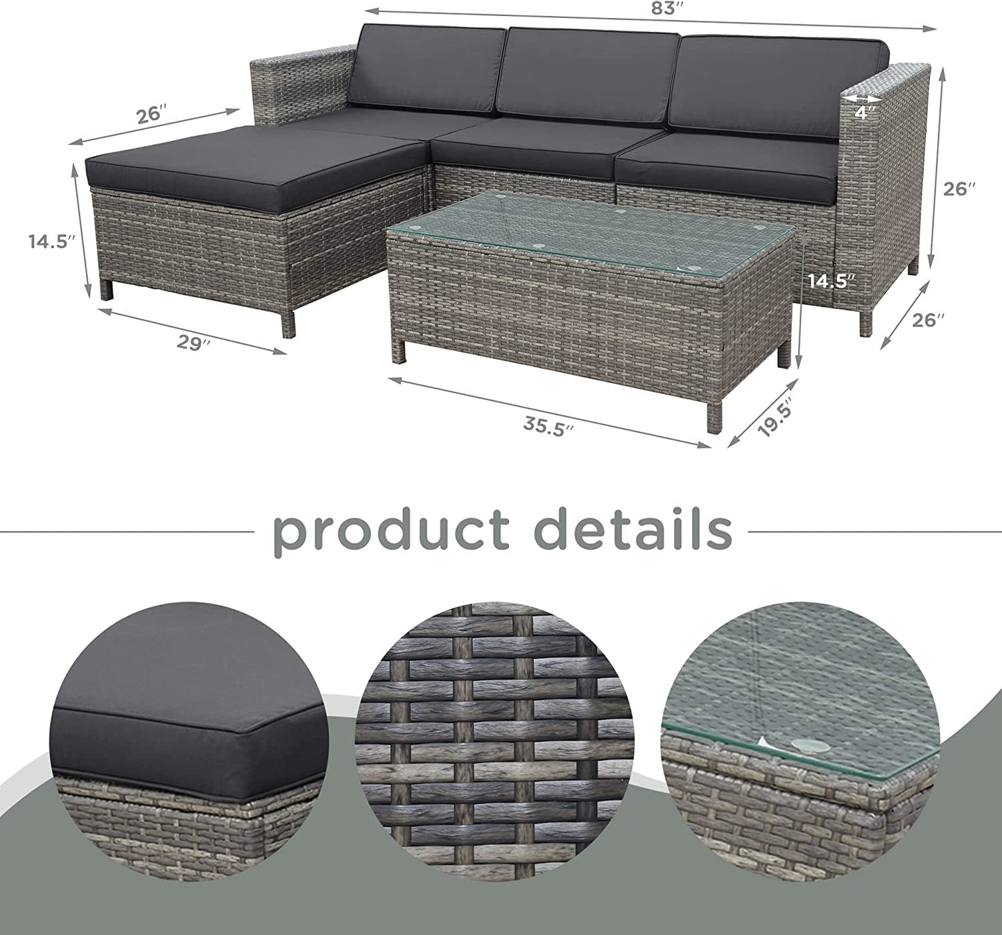 5 Pieces Patio Furniture Sets All Weather Outdoor Sectional Sofa Manual Weaving Wicker Rattan Patio Conversation Set with Washable Cushions and Glass Table