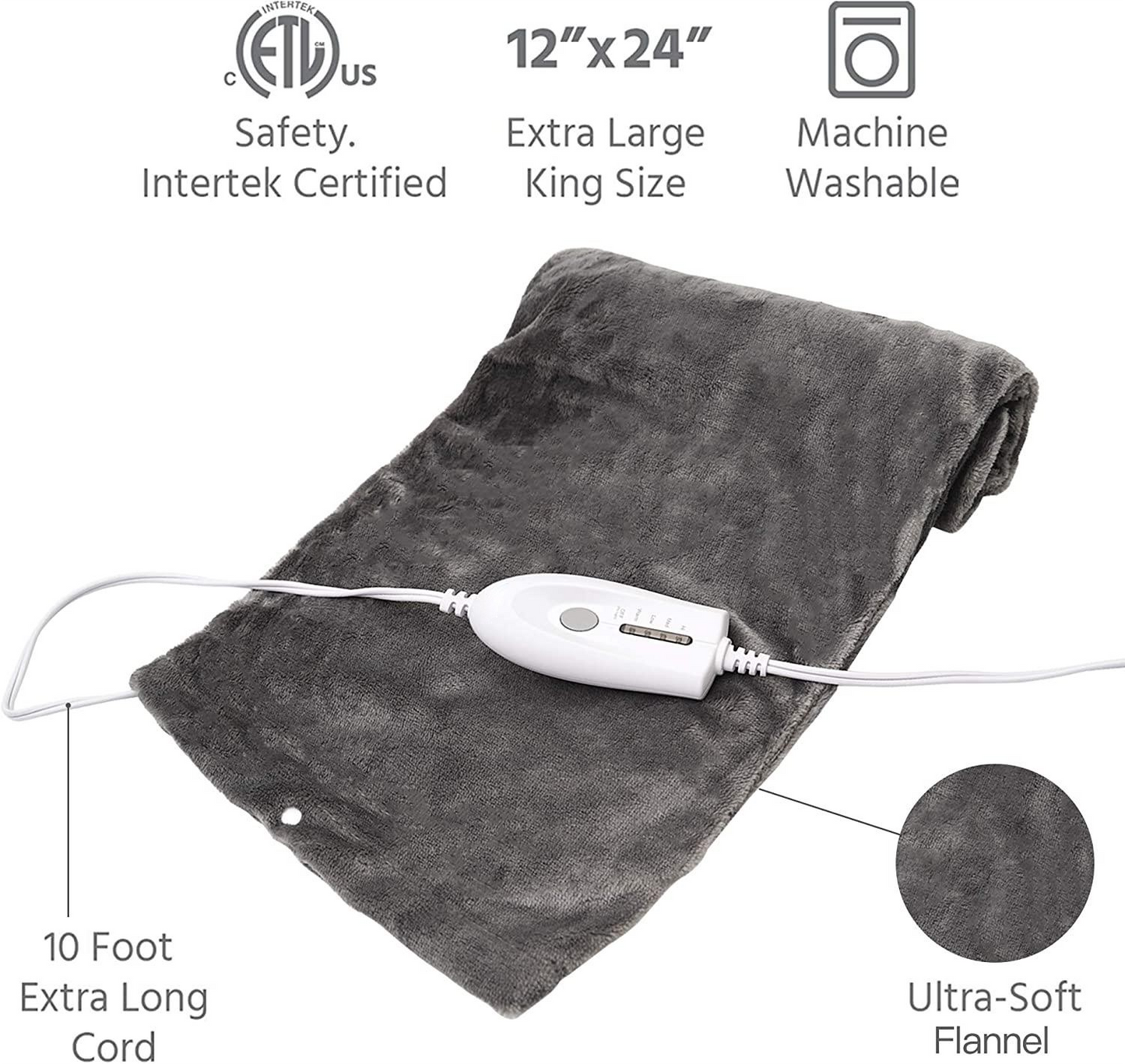 Electric Large Heating Pad, Moist and Dry Heating Pad for Pain Relief with 2 Hours Auto Shut Off, 4 Heat Settings, SoftTouch Flannel 12"x24" (Gray)
