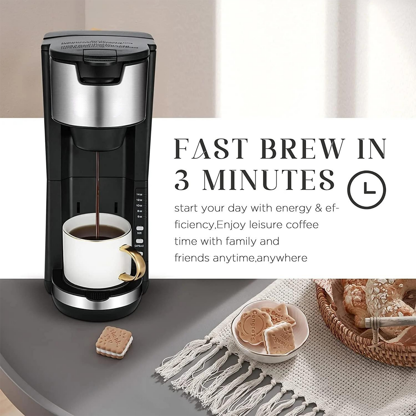 One-Touch Single Serve Coffee Maker for Capsule Pods Ground Coffee 30oz