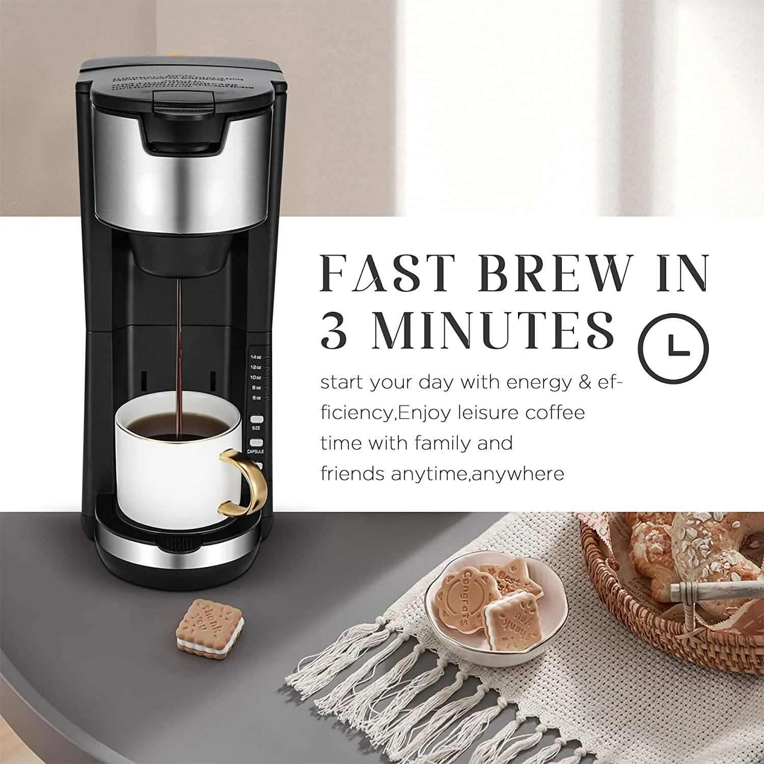 Single Serve Coffee Maker K Cup & Ground Coffee, One Cup Coffee Maker Brews 6-14 oz in 2 Mins, Pod Coffee Maker Fits Travel Mugs, with 30 oz Removable