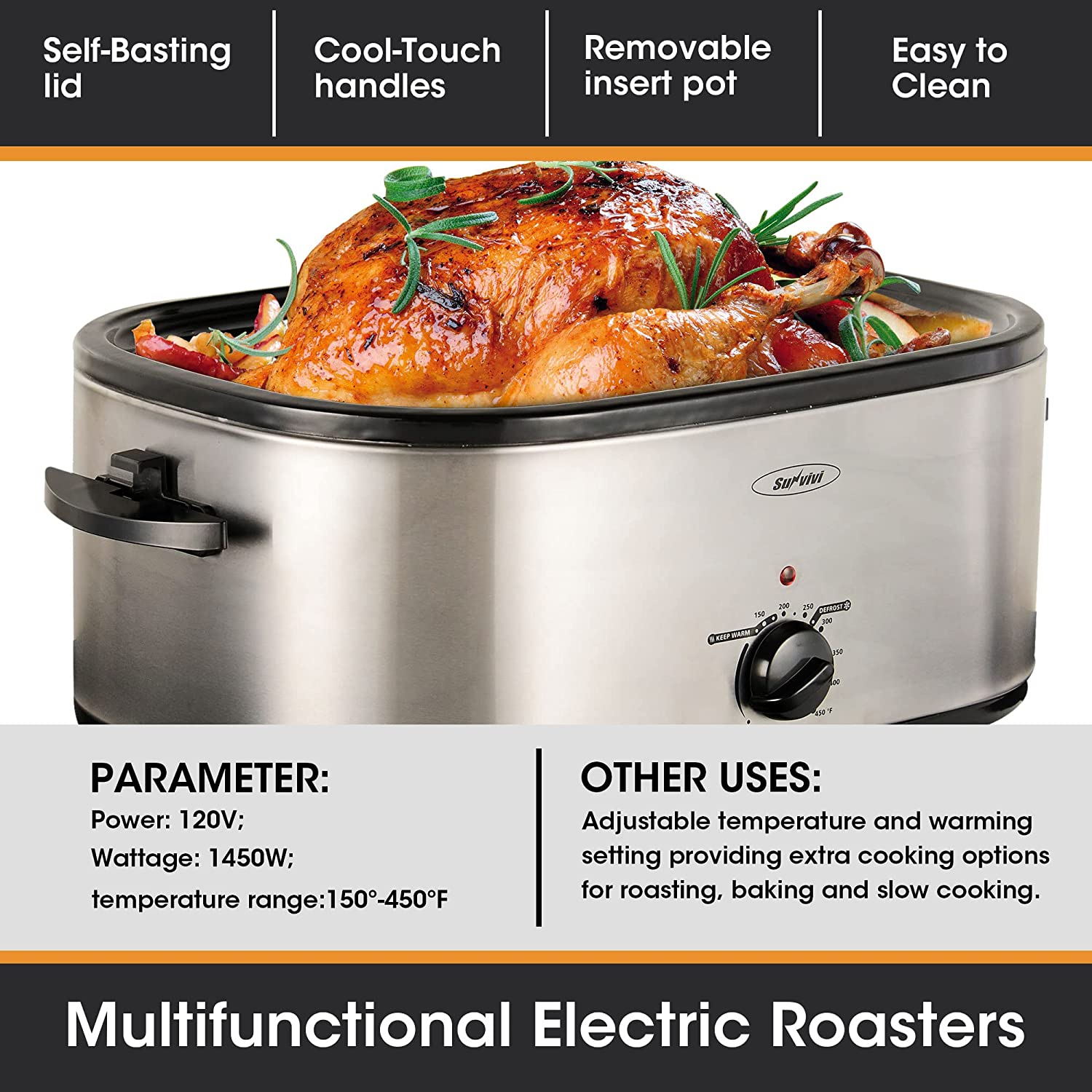 CozyHom 26 Quart Electric Roaster Oven, Stainless Steel Portable Roaster  Turkey Oven, Self-Basting Lid Removable Insert Pot, Red 