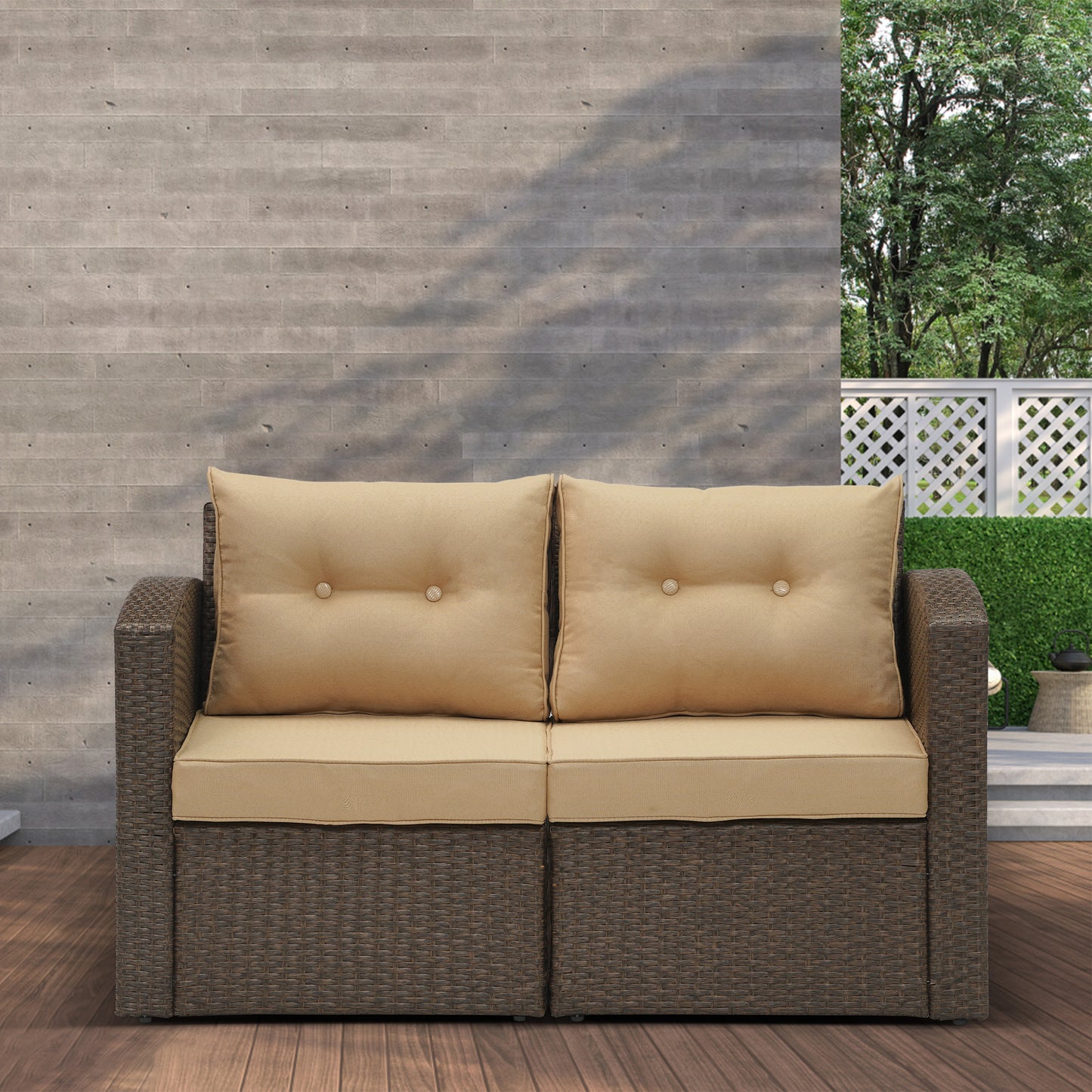 Outdoor Loveseat Patio Furniture Corner Sofa, All-Weather Brown Wicker 2-Piece Rattan Outdoor Sectional Couch Sofa Set with Non-slip Cushions,Aluminum Frame