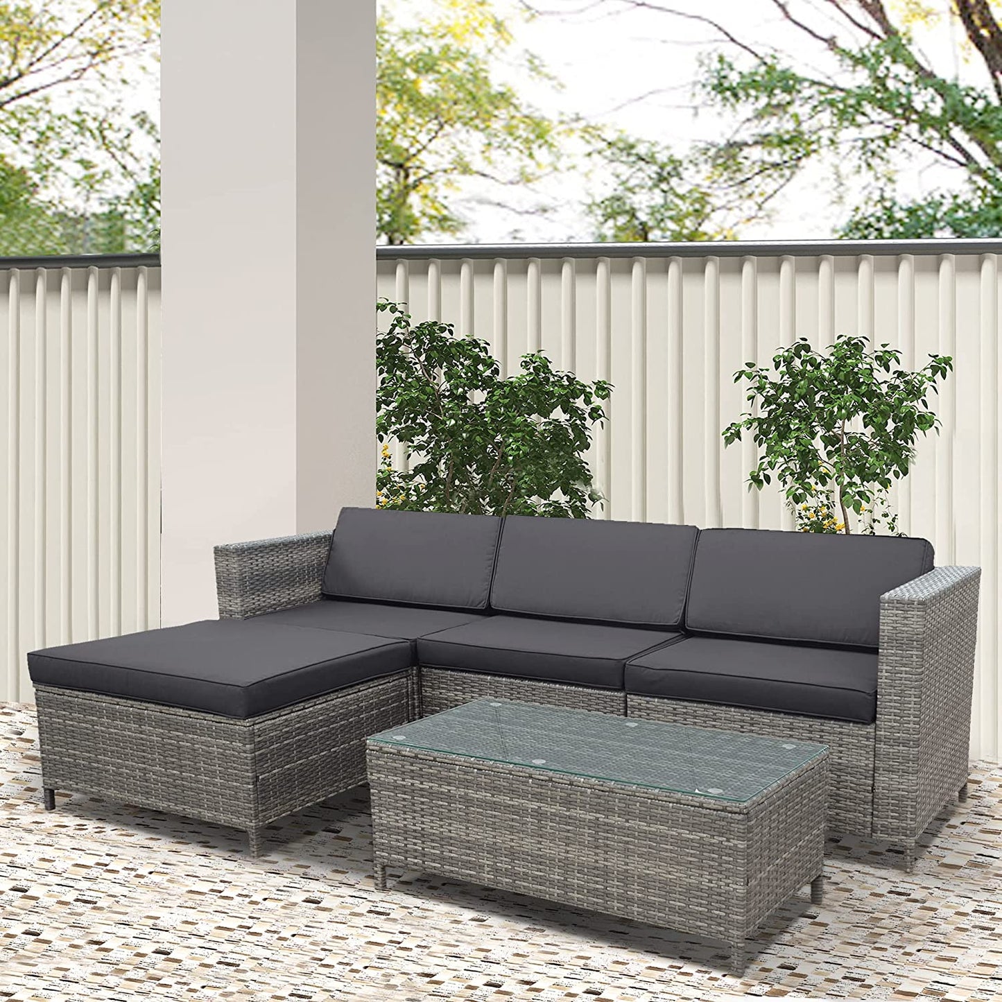 5 Pieces Patio Furniture Sets All Weather Outdoor Sectional Sofa Manual Weaving Wicker Rattan Patio Conversation Set with Washable Cushions and Glass Table