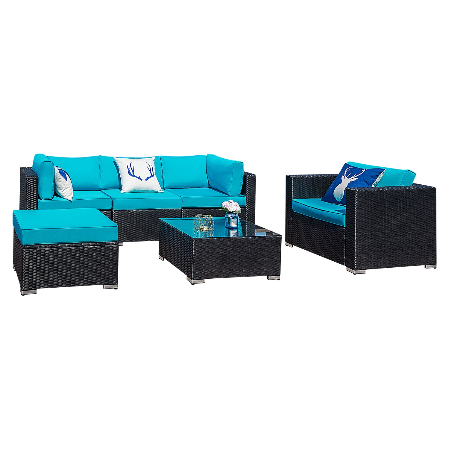 Sectional Sofa 6 Piece Rattan Wicker with Blue Cushion
