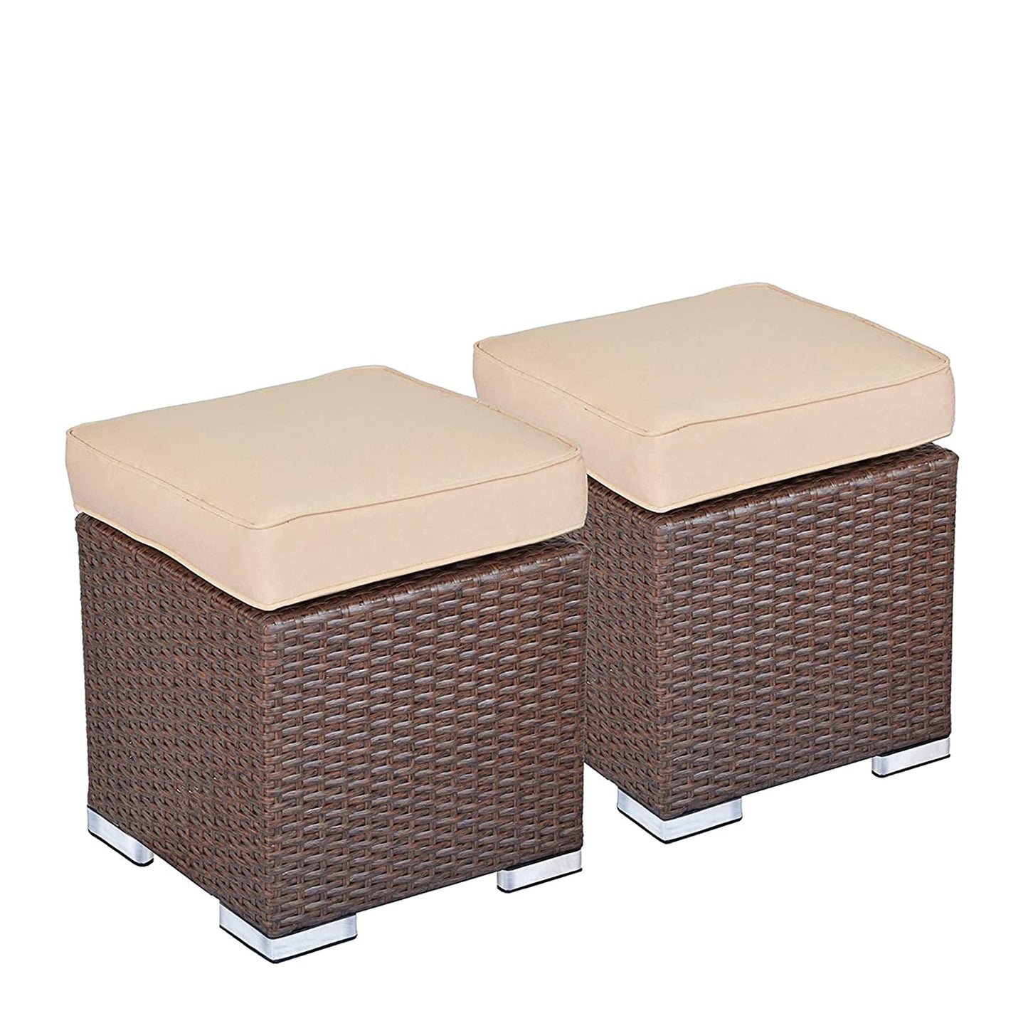 2 Pieces Rattan Ottoman, Beige Cushion - Sunvivi